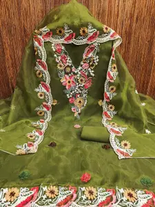 Peachmode Floral Embroidered Thread Work Organza Unstitched Dress Material