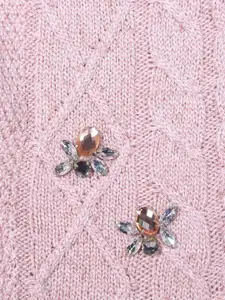 Gini and Jony Girls Acrylic Round Neck Cable Knit Pullover with Embellished Detail