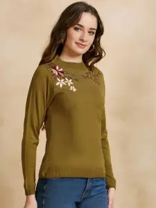 CLAPTON Women Floral Embroidered Woollen Pullover Sweater