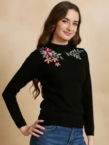 CLAPTON Women Embroidered Woollen Long Sleeves Pullover Sweater