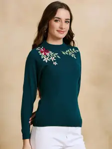 CLAPTON Women Embroidered Round Neck Woollen Pullover with Embroidered Detail