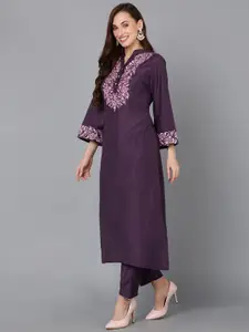KALINI Floral Embroidered Mandarin Collar Thread Work Straight Kurta