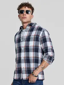 Snitch Men Smart Spread Collar Tartan Checked Cotton Casual Shirt