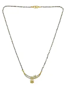 9blings Gold-Plated American Diamond Studded And Beaded Mangalsutra With Earring