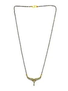 9blings Gold-Plated Stone-Studded & Beaded Mangalsutra With Earrings