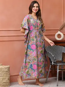 Claura Women Floral Printed Pure Cotton Maxi Nightdress
