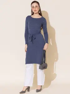 Anouk Navy Blue Striped Woven Design Round Neck Jacquard Straight Kurta