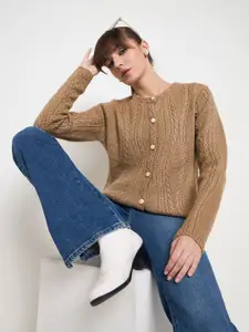 Madame Women Cable Knit Self Design Long Sleeves Cardigan Sweaters