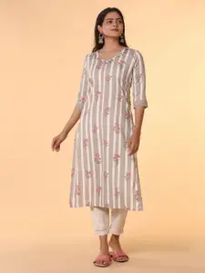 Vismay Floral Printed Embroidered Thread Work Round Neck Straight Kurta
