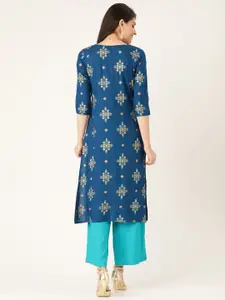 Anouk Blue and gold Geometric Printed Liva Straight Kurta