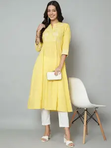 Anouk Yellow and White Floral Embroidered Thread Work Straight Cotton Kurta