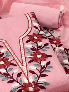 Peachmode Floral Embroidered Thread Work Unstitched Dress Material