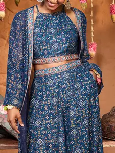 Global Desi Ethnic Motifs Printed Top & Shrug With Palazzo