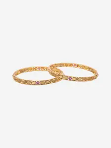 Kushal's Fashion Jewellery Set Of 2 Gold-Plated Ruby Stone-Studded Bangles