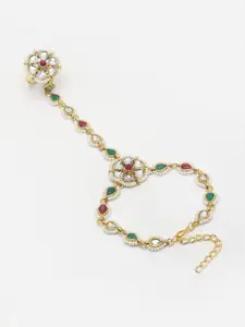 PANASH Gold-Plated Stone Studded & Beaded Ring Bracelet