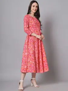 Anouk Pink and orange Round Neck Floral Printed Fit and Flare Cotton Ethnic Dress