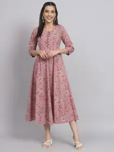 Anouk Pink and White Round Neck Floral Printed Fit and Flare Cotton Ethnic Dress