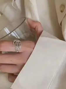 YU FASHIONS Sliver-Plated Stainless Steel Skeleton Hand Punk Ring