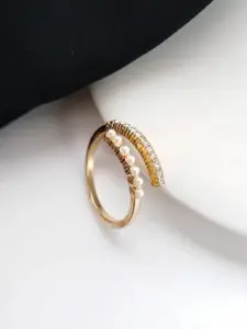 YU FASHIONS Gold Plated Stainless Steel Rhinestone Studded & Beaded Adjustable Finger Ring