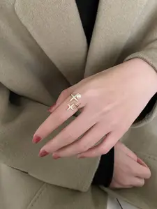 YU FASHIONS Stainless Steel Gold Plated Rhinestone Studded Adjustable Finger Ring