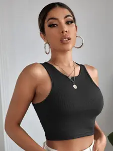 TOOCHKI Women Round Neck Sleeveless Lycra Fitted Crop Tank Top