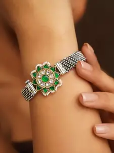 JAYPORE Silver-Plated Kundan Studded Bangle-Style Bracelet