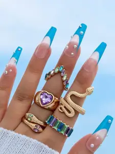 YU FASHIONS Set Of 5 Stainless Steel Gold-Plated  Rhinestone Studded Snake Heart Rings