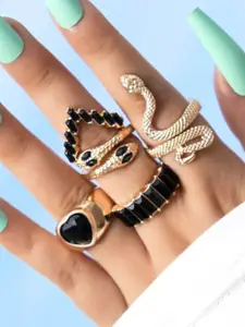 YU FASHIONS Set Of 5 Gold-Plated Stainless Steel Rhinestone Studded Finger Rings