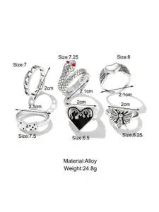 YU FASHIONS Set Of 6 Stainless Steel Stones-Studded Heart Bee Snake Wing Dice Link Rings