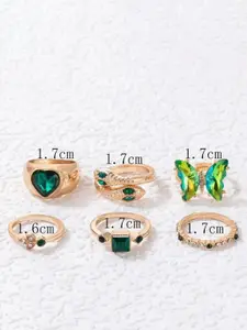 YU FASHIONS Set Of 6 Stainless Steel Gold-Plated Rhinestone-Studded Finger Rings