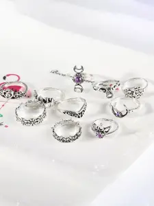 YU FASHIONS Set Of 10 Silver-Plated Stainless Steel Rhinestone Crescent Moon Flower Rings
