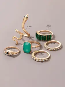 YU FASHIONS Set Of 6 Stainless Steel Gold-Plated Stone Studded Finger Rings