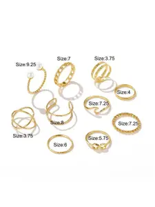 YU FASHIONS Set of 10 Stainless Steel Gold-Plated Rhinestone Studded Adjustable Rings