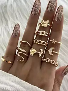 YU FASHIONS Set Of 10 Stainless Steel Gold-Plated Snake & Animal Butterfly Studded Rings