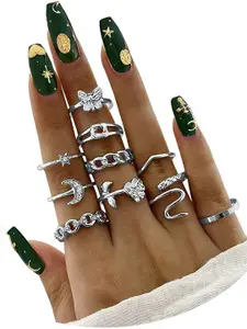 YU FASHIONS Set of 10 Stainless Steel Rhinestone Studded Ring