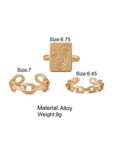 YU FASHIONS Set Of 3 Stainless Steel Gold-Plated Rhinestone Studded Finger Rings