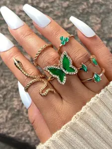 YU FASHIONS Set Of 6 Gold-Plated Stainless Steel Rhinestone-Studded Finger Rings