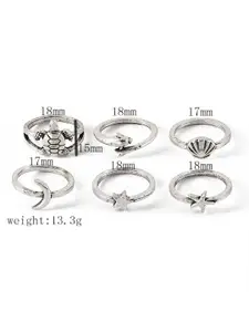 YU FASHIONS Set Of 6 Silver-Plated Beach Dolphin Turtle Moon Star Starfish Finger Ring