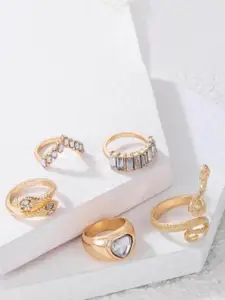 YU FASHIONS Pack Of 5 Gold-Plated Artificial Stones Studded Finger Ring