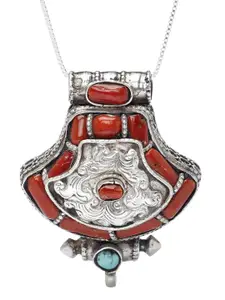 Exotic India Tibetan Gau Box Pendant with Coral and Tibetan Turquoise