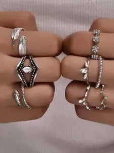 YU FASHIONS Set Of 8 Silver-Plated Stone-Studded Adjustable Finger Rings