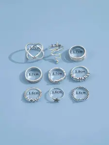 YU FASHIONS Set Of 9 Silver-Plated Stainless Steel Oxidized Finger Rings