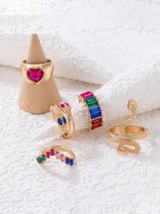 YU FASHIONS Set Of 5 Gold-Plated Stone-Studded Finger Rings