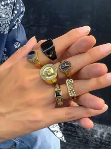 YU FASHIONS Set Of 6 Stainless Steel Gold Plated Rings