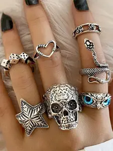 YU FASHIONS Set Of 7 Silver-Plated Owl Skull Stainless Steel Finger-Ring