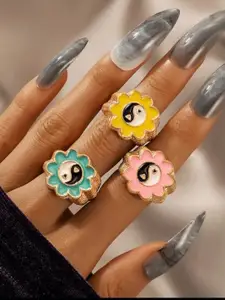 YU FASHIONS Set Of 3 Gold-Plated Flower Funky Stainless Steel Finger Ring
