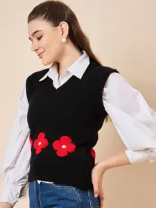 KASMA Women Floral Quirky Woollen V-neck Pullover Sweaters