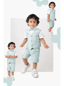 LITTLE COLLARS Boys Floral Printed Pure Cotton Shirt With Shorts With Waistcoat