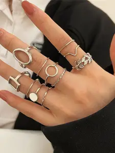 YU FASHIONS Pack Of 11 Silver-Plated Adjustable Finger Ring