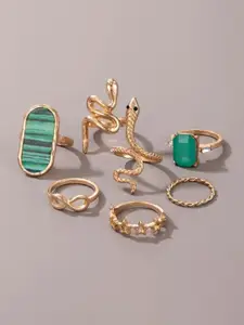 YU FASHIONS Set Of 7 Gold Plated Stainless Steel Rhinestone & Diamond Snake Finger Rings